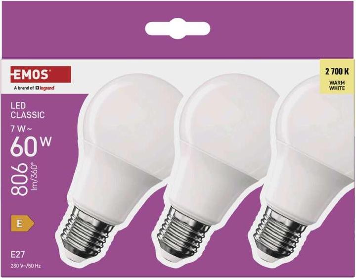 Actual product image Emos LED lamp Classic A60 / E27 / 7 W (60 W) / 806 lm / Warm white (E27, 7 W, 806 lm, 3 x, E)