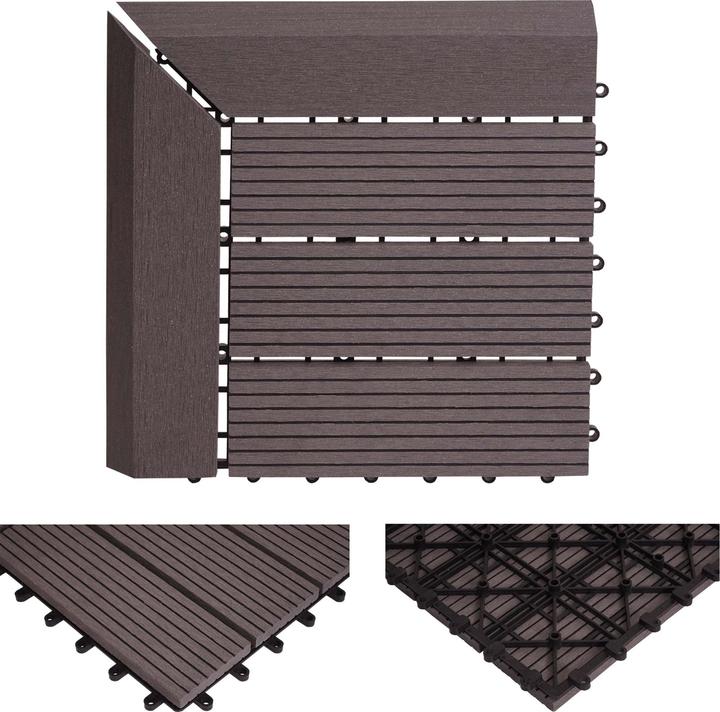 Produktbild Swisshandel24 WPC Eck-Bodenfliese Rhone + Abschluss, Holzoptik Terrasse, 30x30cm Premium Ecke rechts, grau linea (1 x, 30 x 30 cm)