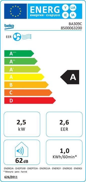 Energie-Label Beko BA309C Tragbare Klimaanlage 62 dB (37 m², 9000 BTU/h)