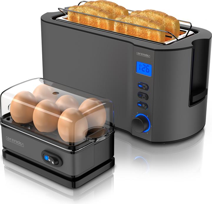 Actual product image Arendo Breakfast set, 4 slice long slot toaster with bun rack & egg cooker for 6 eggs, grey