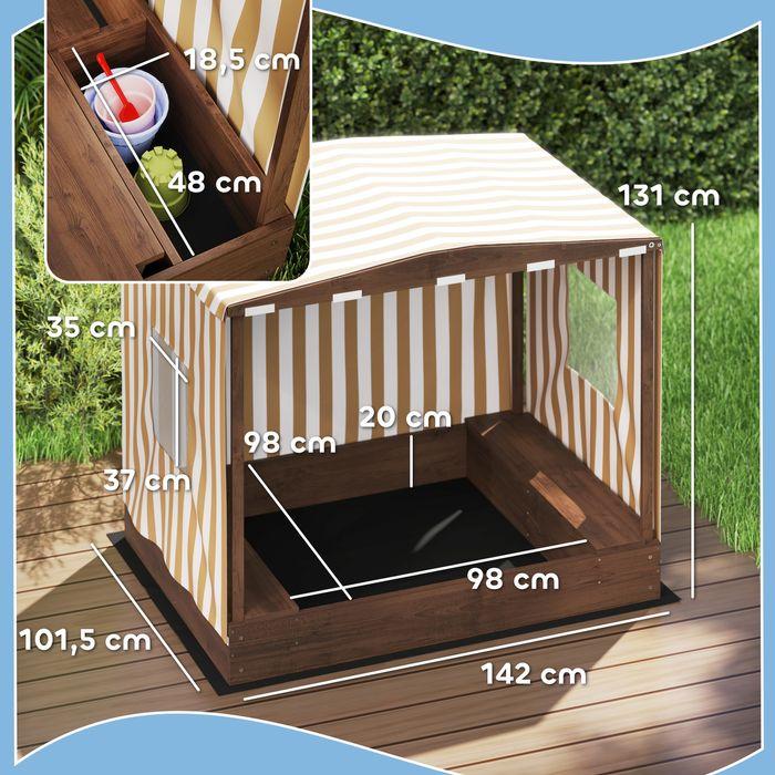 Produktbild Swisshandel24 Sandkasten mit Vordach und Netztür 142 x 101,5cm Sandkiste aus Holz mit Sitzbank