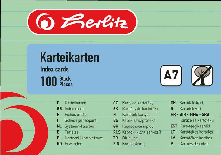 Energie-Label Herlitz Karteikarten, DIN A7, liniert, grün aus Papier, 170 g-qm, holzfrei, Linienfarbe: blau, doppelte (A7, 170 g/m², 100 x)