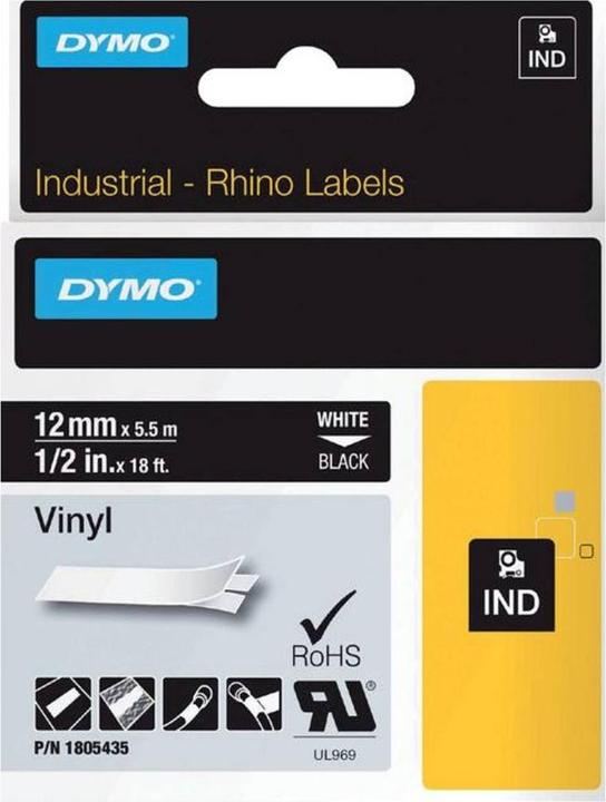 Energie-Label Dymo Rhino 12mm weiß auf schwarz Vinyl (1.20 cm, Schwarz)