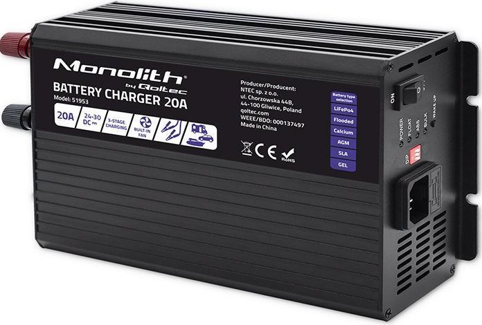 Immagine prodotto Qoltec Caricabatteria intelligente Monolith per batterie LiFePO4 AGM GEL SLA | 20A | 24V (24V, 20 A)