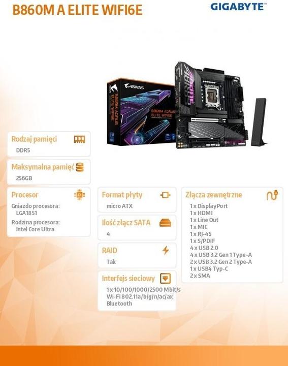 Produktbild Gigabyte B860M AORUS ELITE WIFI6E (LGA 1851, Intel B860, mATX)