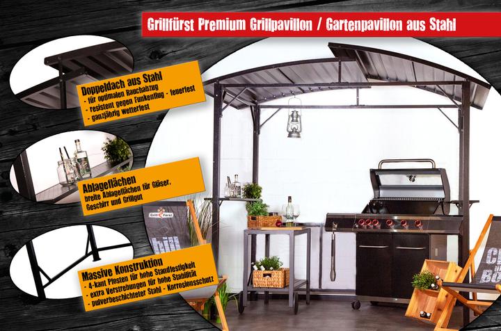 Immagine prodotto Grillfürst Padiglione barbecue in acciaio premium con tetto in metallo resistente alle intemperie (248 cm, 156 cm)