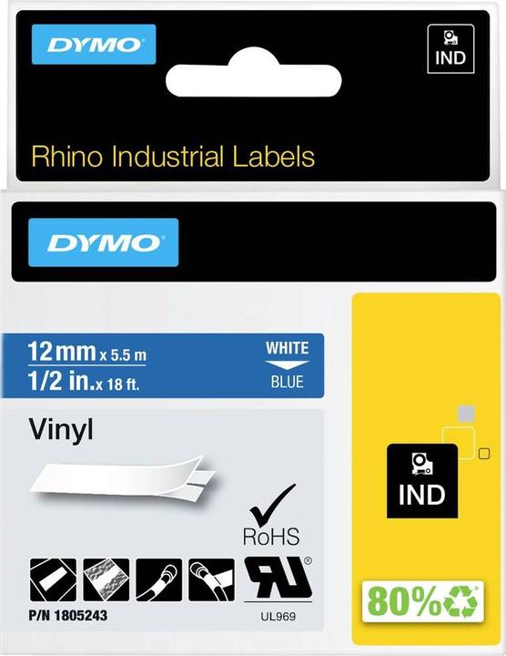 Energy Label Dymo Rhino 12mm white on blue vinyl (1.20 cm, Blue)