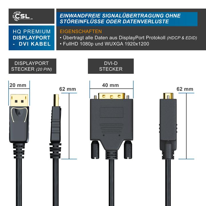 Produktbild CSL DisplayPort Video-Kabel, 20 Pins, DVI-D, Monitorkabel, HDCP und EDID Zertifiziert, FHD Ausflösung (2 m, DisplayPort, DVI)