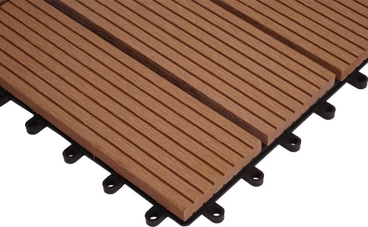 Produktbild Swisshandel24 WPC Eck-Bodenfliese Rhone + Abschluss, Holzoptik Terrasse, 30x30cm Premium Ecke rechts, teak linea (1 x, 30 x 30 cm)