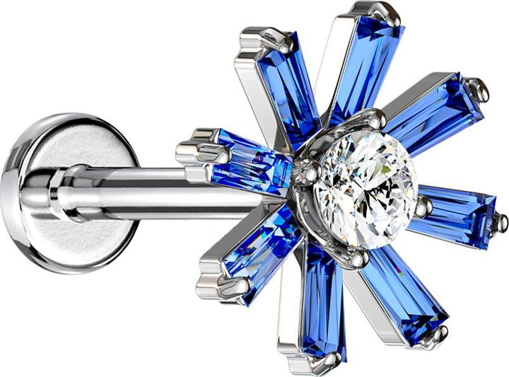 Image du produit Star Piercing Micro Labret Filetage interne argenté Fleur de cristal bleu foncé (Laiton, Acier chirurgical 316L)