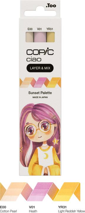 Actual product image Copic CIAO - Brand (V-01 Heath, E-00 Cotton Pearl, YR-31 Light Reddish Yellow, 6 mm, 3 x)