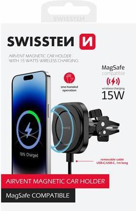 Produktbild Swissten Magstick Compact Magnetic Car Holder With Wireless Charger 15W/7,5W(Magsafe Compatible)