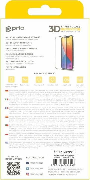Actual product image prio 3D tempered glass screen protector for iPhone 14 Pro (6.1 inch) black (1 Piece, Apple iPhone 14 Pro)