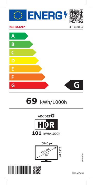 Energy Label Sharp 50FL1EA 50" (126cm) 4K Ultra HD Smart Android Frameless TV (50", LED, UHD)