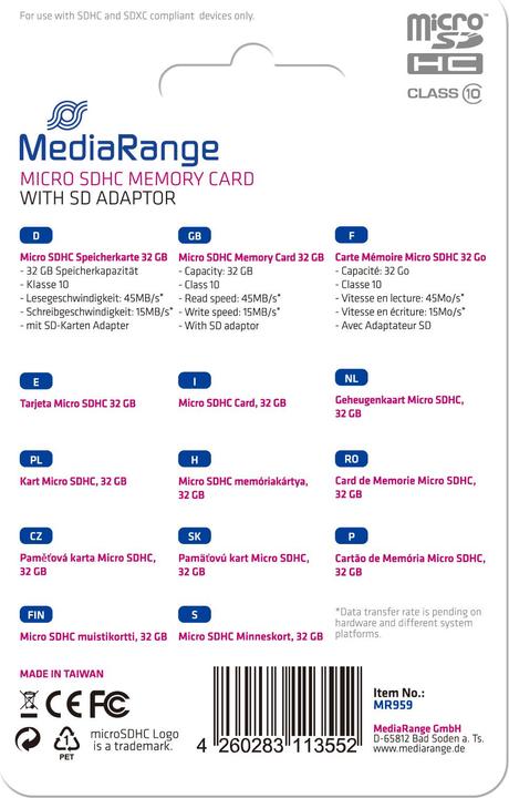 Immagine prodotto MediaRange MR959 (32 GB, microSDHC, U1)