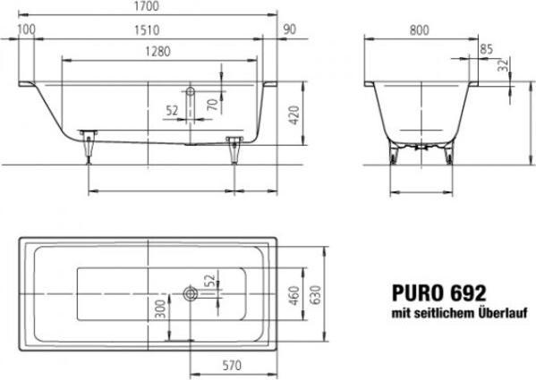 Actual product image Kaldewei Puro 692 170x80cm with lateral overflow