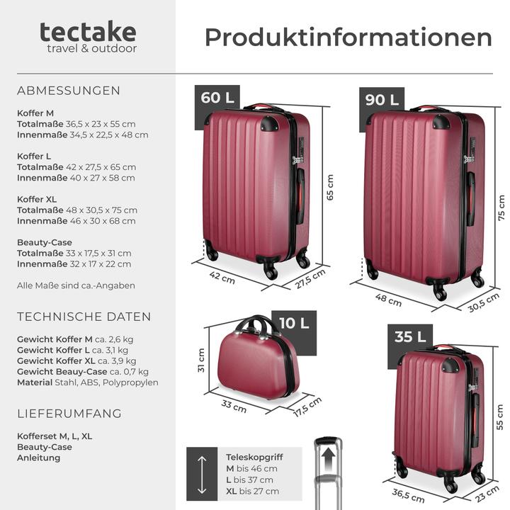 Actual product image tectake Suitcase Set Travel Suitcases Suitcases Travel Set Trolley Set Luggage Set Hardcase Trolley (90 l, Hand luggage (up to 50 litres), M (50 - 90l), L (90 - 115l))