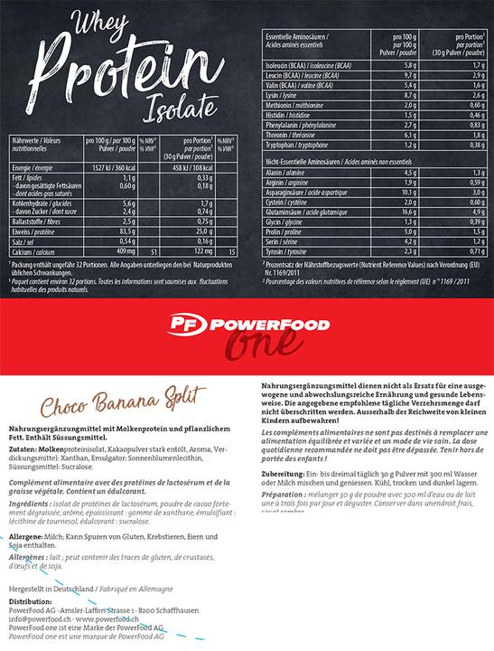 Nährwerte und Zutaten PowerFood One Whey Protein Isolate (Chocolate, Banane, 1 Stk., 1000 g)