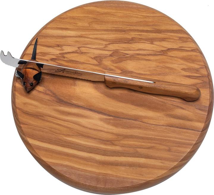 Natura Punto Planche ronde en bois avec souris et couteau, 22 cm, bois d'olivier