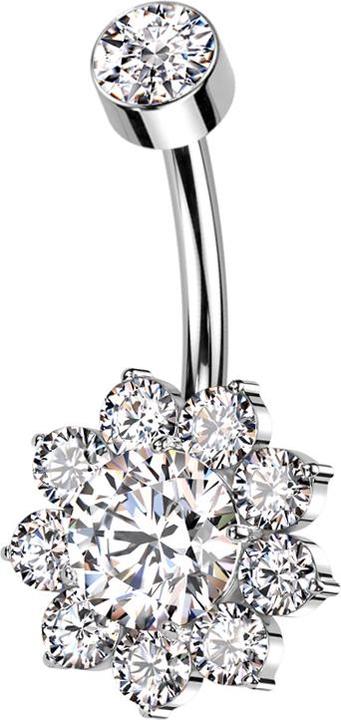 Hollywood Body Jewelry Banane Innengewinde silber mit Zylinder silber Kristall silber und Blume grosser Kristall silber Kri (Titan G23, ohne Messing)