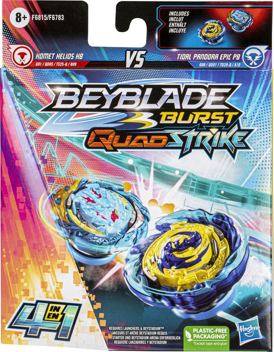 Actual product image Hasbro Beyblade Burst QuadStrike Comet Helios H8 and Tidal Pandora Epic P8 Spinning Top Twin Pack, Battle