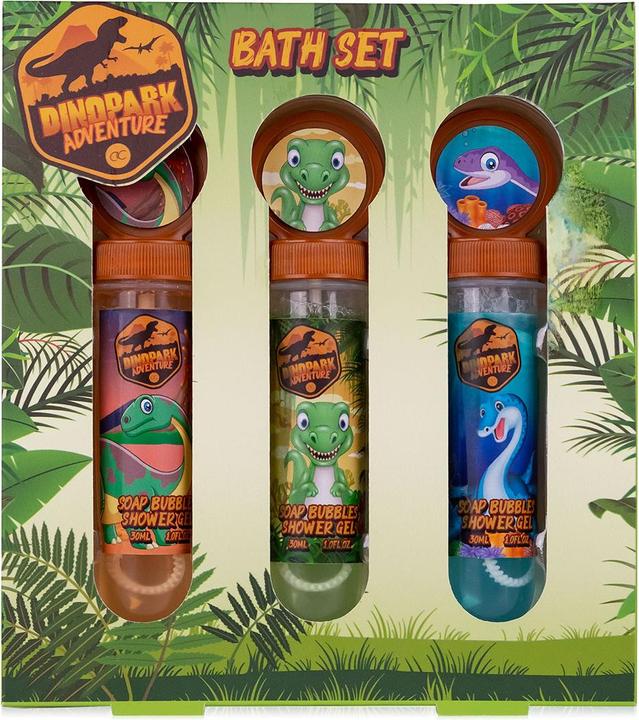 Accentra Badeset DINOPARK ADVENTURE in Geschenkbox, inkl. 3 x 30ml Duschgel-Seifenblasen, Duft: Apfel, Farbe: (Haarpflege set)
