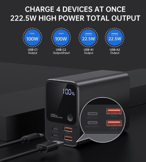 Produktbild Choetech B635BK USB-A / USB-C Powerbank 22,5W 27000mAh - schwarz (27000 mAh, 222.50 W, 99.90 Wh)
