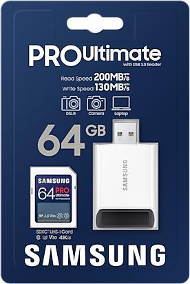 Actual product image Samsung PRO Ultimate with USB card reader (64 GB, SDXC, U3, UHS-I)