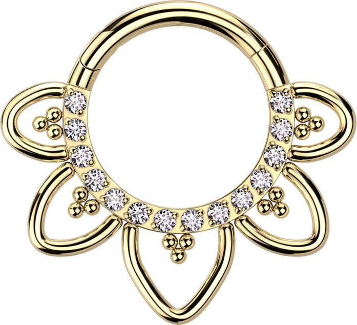 Actual product image Star Piercing Micro segment ring hinged gold-plated front crystals silver filigree hearts (without brass, Titanium G23)