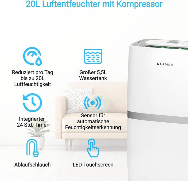 Image du produit KLAMER Déshumidificateur 25L, 195m³ de circulation d'air par heure, déshumidificateur 420W, réservoir 5.5L (35 m², 25 l/24h)