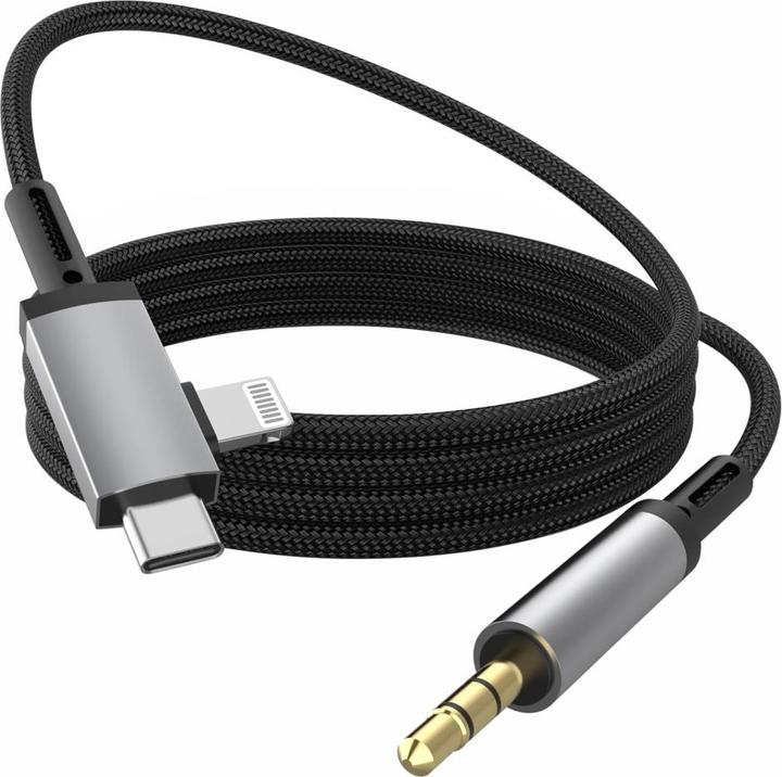 Actual product image PowerGuard USB-C & Lightning to 3.5mm jack AUX audio cable