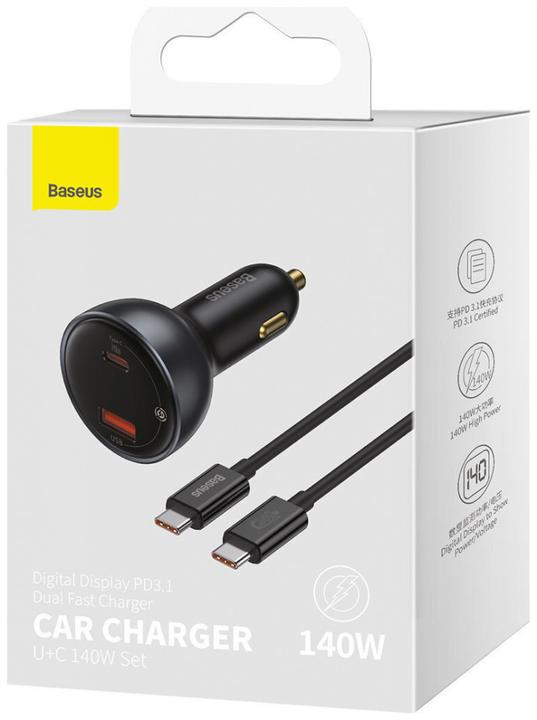 Produktbild Baseus Digital Display fast car charger USB-A / USB-C PD3.1 140W black + USB-C cable Superior
