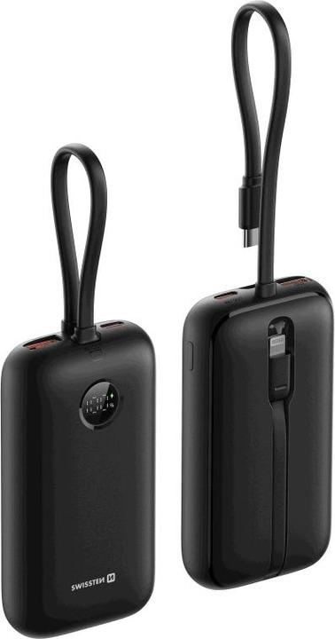 Actual product image Swissten Power Bank Voltbox 35w 10000 Mah with Built-In Cables USB-C and Lightning Black (10000 mAh, 35 W, 35 Wh)