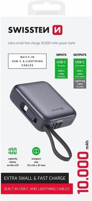 Actual product image Swissten Power Bank 10000 Mah with Built-In Cables USB-C and Lightning Space Silver (10000 mAh, 22.50 W, 22.50 Wh)