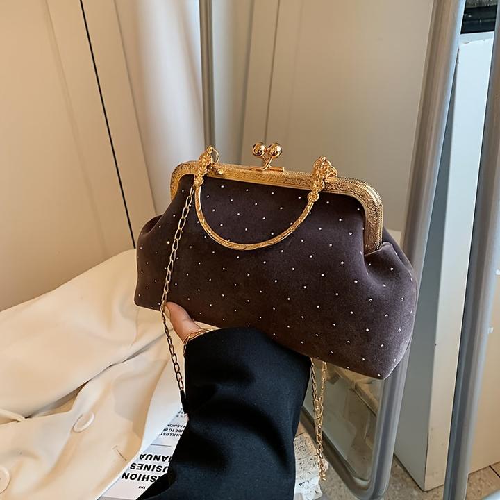 Only-Bags.Store Elegante Samt Abend Clutch mit Kiss Lock - Vintage-inspirierte Kette Crossbody Bag, perfekt für