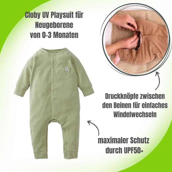 Actual product image Cloby Romper suit overall UPF + Olive Green (50, 51, 52, 53, 54, 55, 56)