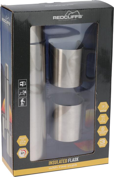 Actual product image Koopman Stainless steel vacuum jug, 1 litre, with 2 double-walled thermo mugs, 180 ml each (1 l)