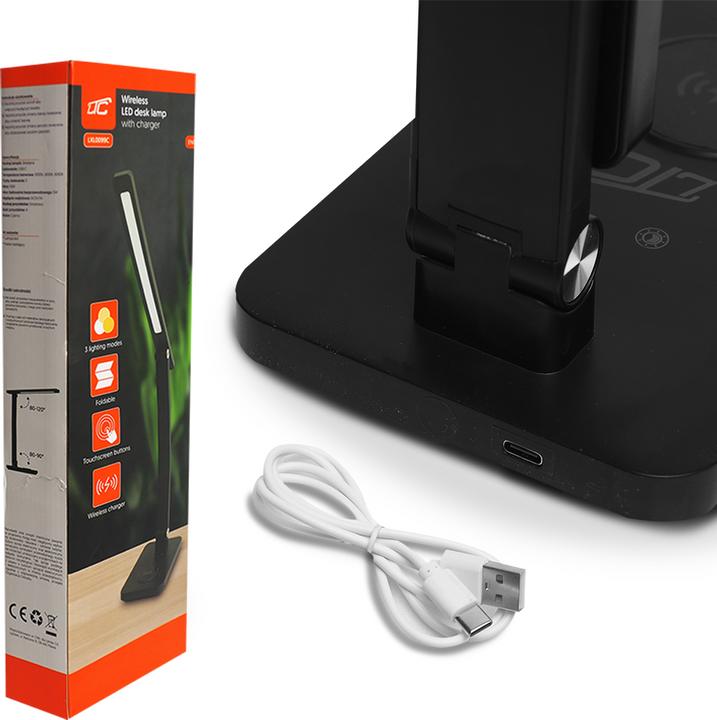 Actual product image Lasmex LED desk Lamp 10W, 3000/4500/6000K, induction charging, touch control, dimmer, black, LTC