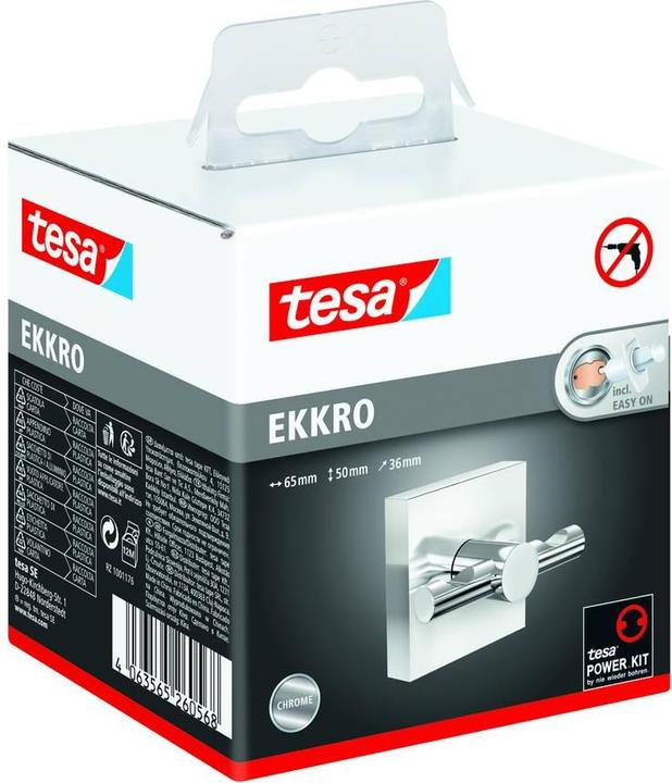 Productafbeelding tesa EKKRO Handdoekhaak, verchroomd roestvrij staal - Badkamerhaak voor wandmontage zonder boren