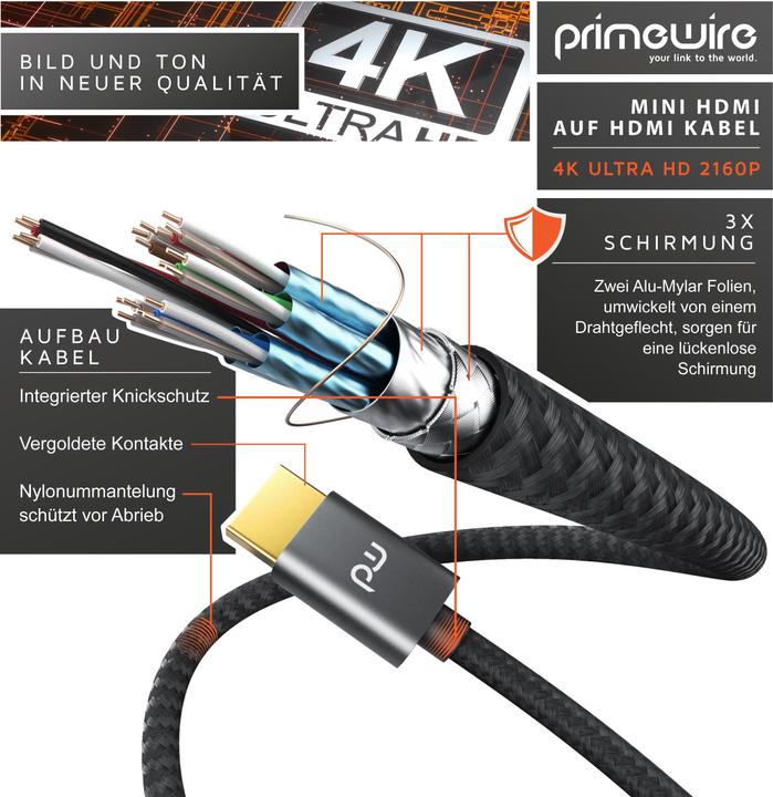 Actual product image Primewire Mini HDMI to HDMI cable, Type C to Type A, 4K miniHDMI adapter cable 3840 x 2160 @ 60 Hz, HDR, ARC (2 m, HDMI)