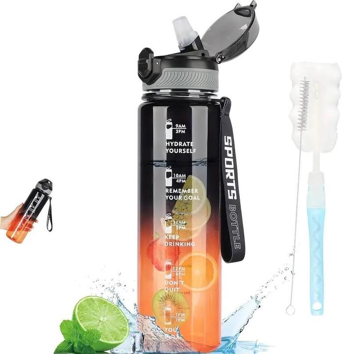 ASMI Transparente Trinkflasche mit Zeitmarkierung, Strohhalm und Reinigungsbürste mit Farbverlauf 1000 ml (1 l)