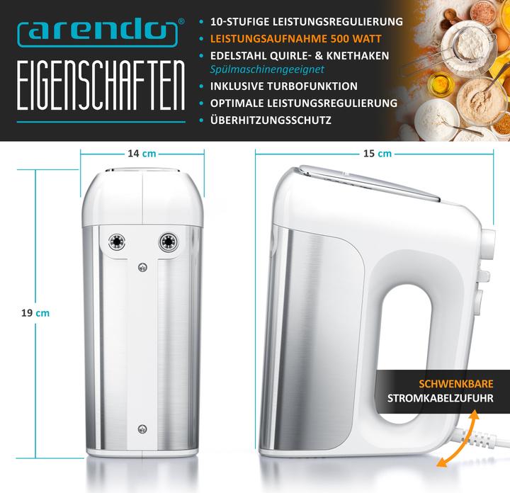 Produktbild Arendo Handmixer, Elektrischer Handrührer inkl. 2 Quirle & 2 Knethaken aus Edelstahl, Handrührgerät 500 W (500 W)