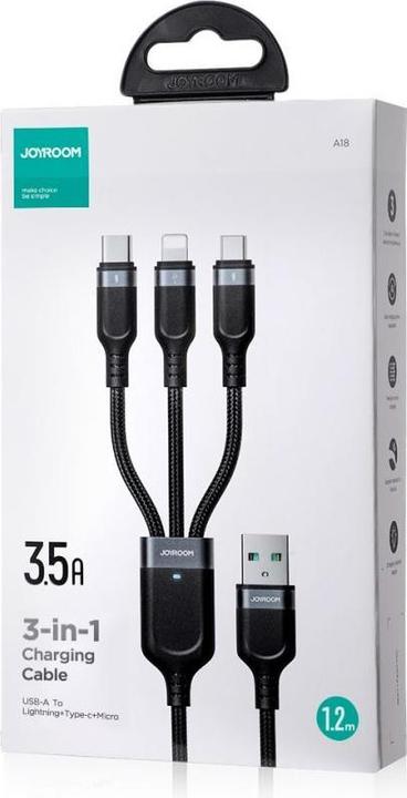 Produktbild Joyroom Multi-Use Series 3-in-1-Kabel S-1T3018A18 Lightning USB-C Micro-USB 1,2 m – Schwarz (1.20 m, USB 3.0)