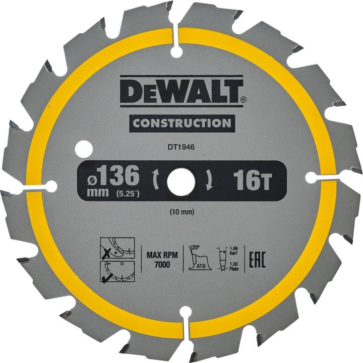 Actual product image DeWalt Ø 136/10mm circular saw blade for cordless saw 16W teethDT1946