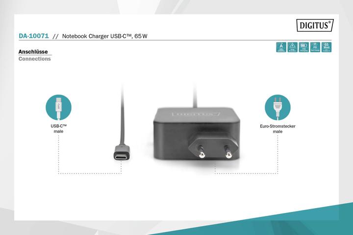 Image du produit Digitus Chargeur pour ordinateur portable Adaptateur secteur USB-C 65W PD3.0 DA-10071 1,2 m, noir (65 W)