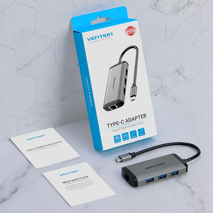 Actual product image Vention USB-C Docking Station to HDMI, 3x USB3.0, RJ45, PD 0.15m CNCHB, grey (USB-C, 4 Ports)