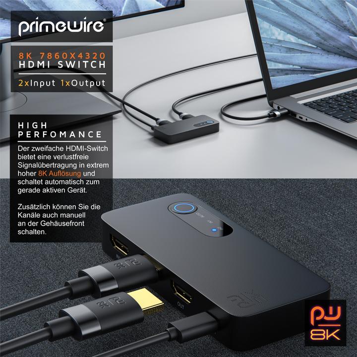 Immagine prodotto Primewire Splitter HDMI a 2 porte, switch HDMI in alluminio 8K 2 in 1 Out UHD, distributore, switcher, 4K 3D
