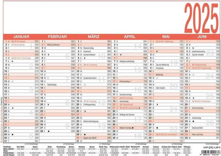 Actual product image Working days calendar 2025 white/red, 29,7x21cm, poster calendar with annual overview, 6 (A4, German)