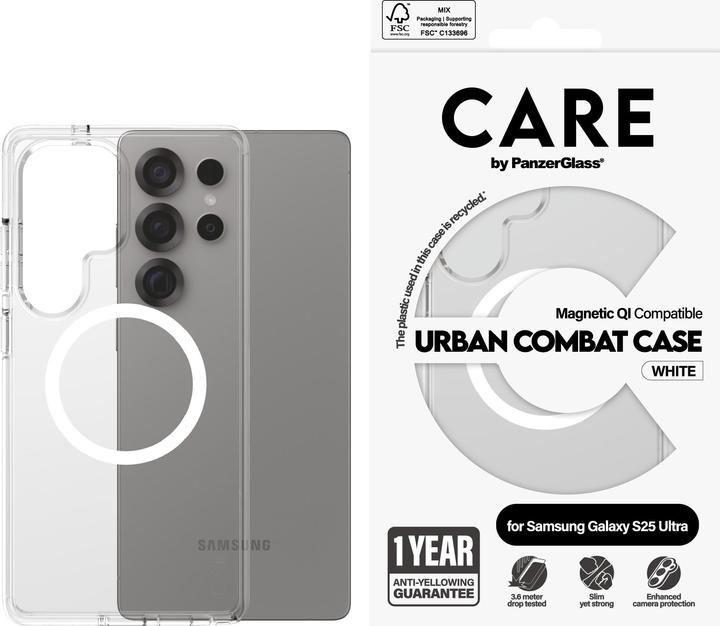 Actual product image PanzerGlass CARE by ® Flagship Case Transparent Urban Combat w. White Qi Compatible Samsung Galaxy S (Samsung Galaxy S25 Ultra)