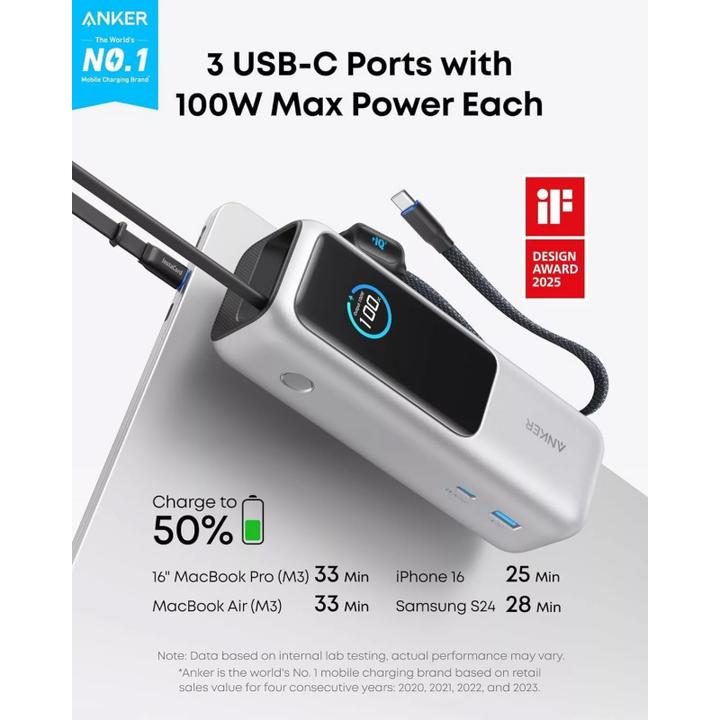 Actual product image Anker 165W, 3 x USB-C, 1 x USB-A Power Bank Silver